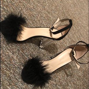 Black Fur Strap Heeled Sandal 7.5